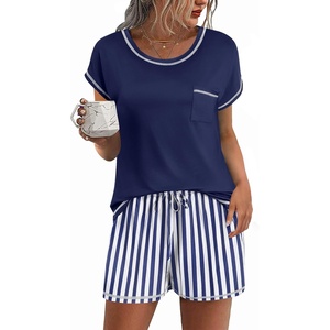 image:imageEkouaer Pajama Set for Women Short Sleeve Tops and Shorts Set 2 Piece Pjs Classic Loungewear with PocketsStripes Navy Blue