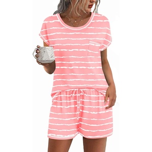 image:imageEkouaer Pajama Set for Women Short Sleeve Tops and Shorts Set 2 Piece Pjs Classic Loungewear with PocketsStripes Pink Wave