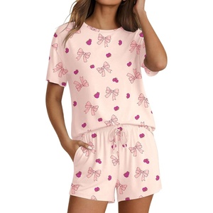 image:imageEkouaer Pajama Set for Women Viscose from Bamboo Short Sleeve Tops and Shorts Set 2 Piece Lounge SetPink Bow