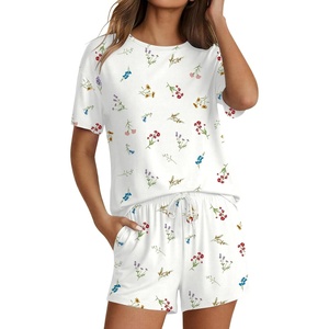 image:imageEkouaer Pajama Set for Women Viscose from Bamboo Short Sleeve Tops and Shorts Set 2 Piece Lounge SetWhiteflowers
