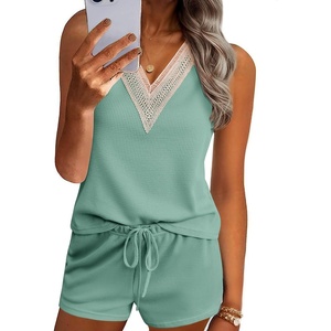 image:imageEkouaer Pajama Sets for Women 2 Piece Tank Top and Shorts Waffle Knit Lounge Set with Lace Vneck PJ LoungewearLight Green