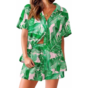 image:imageEkouaer Pajama for Women Set Short Sleeve Button Down Pajamas Sets Soft Lounge Sets for Women Sleepwear PJSLeaves