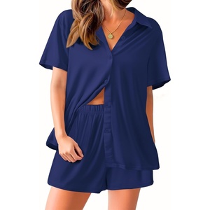 image:imageEkouaer Pajama for Women Set Short Sleeve Button Down Pajamas Sets Soft Lounge Sets for Women Sleepwear PJSNavy Blue