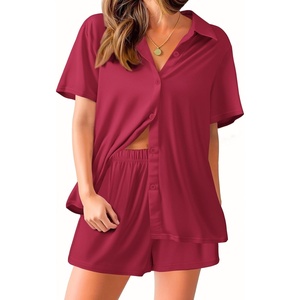 image:imageEkouaer Pajama for Women Set Short Sleeve Button Down Pajamas Sets Soft Lounge Sets for Women Sleepwear PJSWine Red