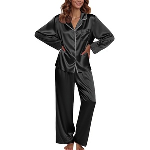 image:imageEkouaer Pajamas For Women Set Silk Pjs 2 Piece Satin Sleepwear Long Sleeve Button Down Lounge Sets With PantBlack