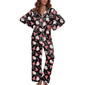 image:imageEkouaer Pajamas For Women Set Silk Pjs 2 Piece Satin Sleepwear Long Sleeve Button Down Lounge Sets With PantBlack With Santa Claus