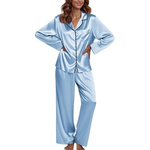 image:imageEkouaer Pajamas For Women Set Silk Pjs 2 Piece Satin Sleepwear Long Sleeve Button Down Lounge Sets With PantClear Blue