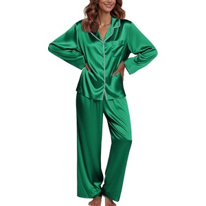 image:imageEkouaer Pajamas For Women Set Silk Pjs 2 Piece Satin Sleepwear Long Sleeve Button Down Lounge Sets With PantGreen