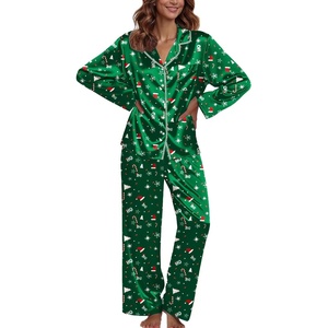 image:imageEkouaer Pajamas For Women Set Silk Pjs 2 Piece Satin Sleepwear Long Sleeve Button Down Lounge Sets With PantGreen Christmas Pattern