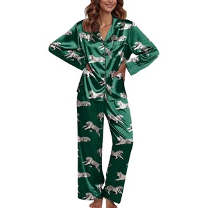 image:imageEkouaer Pajamas For Women Set Silk Pjs 2 Piece Satin Sleepwear Long Sleeve Button Down Lounge Sets With PantGreen With Tiger