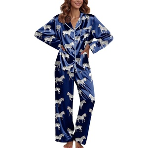 image:imageEkouaer Pajamas For Women Set Silk Pjs 2 Piece Satin Sleepwear Long Sleeve Button Down Lounge Sets With PantNavy With Zebra