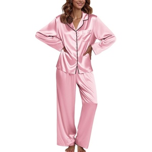 image:imageEkouaer Pajamas For Women Set Silk Pjs 2 Piece Satin Sleepwear Long Sleeve Button Down Lounge Sets With PantPink