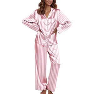image:imageEkouaer Pajamas For Women Set Silk Pjs 2 Piece Satin Sleepwear Long Sleeve Button Down Lounge Sets With PantPink White Stripe
