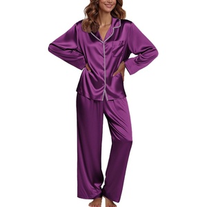 image:imageEkouaer Pajamas For Women Set Silk Pjs 2 Piece Satin Sleepwear Long Sleeve Button Down Lounge Sets With PantPurple