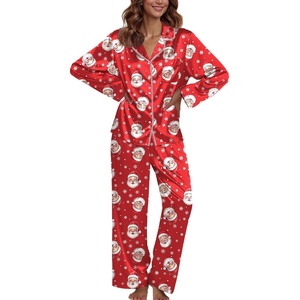 image:imageEkouaer Pajamas For Women Set Silk Pjs 2 Piece Satin Sleepwear Long Sleeve Button Down Lounge Sets With PantRed With Santa Claus