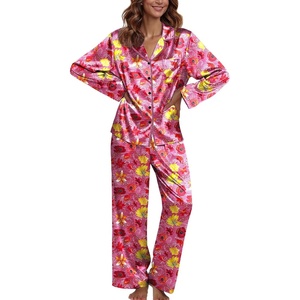 image:imageEkouaer Pajamas For Women Set Silk Pjs 2 Piece Satin Sleepwear Long Sleeve Button Down Lounge Sets With PantRose Red With Flower