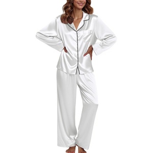 image:imageEkouaer Pajamas For Women Set Silk Pjs 2 Piece Satin Sleepwear Long Sleeve Button Down Lounge Sets With PantWhite