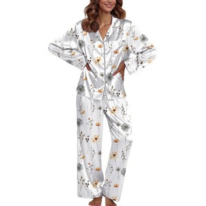 image:imageEkouaer Pajamas For Women Set Silk Pjs 2 Piece Satin Sleepwear Long Sleeve Button Down Lounge Sets With PantWhite Flower