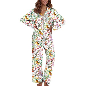 image:imageEkouaer Pajamas For Women Set Silk Pjs 2 Piece Satin Sleepwear Long Sleeve Button Down Lounge Sets With PantWhite With Animals