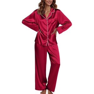 image:imageEkouaer Pajamas For Women Set Silk Pjs 2 Piece Satin Sleepwear Long Sleeve Button Down Lounge Sets With PantWine Red