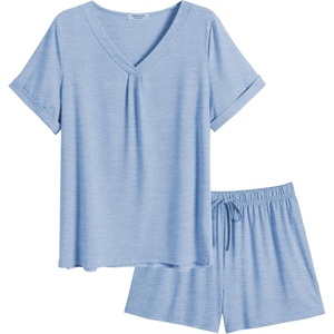 image:imageEkouaer Pajamas Set Womens Short Sleeve 2 Piece PJ Sets V Neck Comfy Sleepwear Loungewear with Pockets SXXLClear Blue
