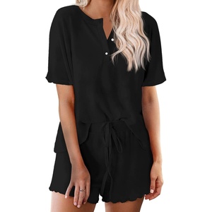 image:imageEkouaer Pajamas Set for Women Short Sleeve Lounge Set 2 Piece Loungewear PJs Soft Cute Lightweight SleepwearBlack