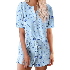 image:imageEkouaer Pajamas Set for Women Short Sleeve Lounge Set 2 Piece Loungewear PJs Soft Cute Lightweight SleepwearBlue Star