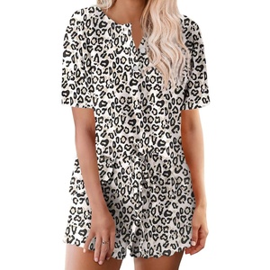 image:imageEkouaer Pajamas Set for Women Short Sleeve Lounge Set 2 Piece Loungewear PJs Soft Cute Lightweight SleepwearKhaki Leopard