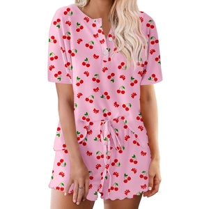 image:imageEkouaer Pajamas Set for Women Short Sleeve Lounge Set 2 Piece Loungewear PJs Soft Cute Lightweight SleepwearPink Cherry