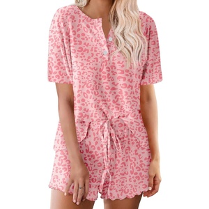image:imageEkouaer Pajamas Set for Women Short Sleeve Lounge Set 2 Piece Loungewear PJs Soft Cute Lightweight SleepwearPink Heart Leopard