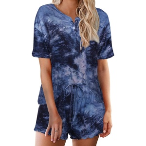 image:imageEkouaer Pajamas Set for Women Short Sleeve Lounge Set 2 Piece Loungewear PJs Soft Cute Lightweight SleepwearTie Dye Blue