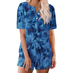 image:imageEkouaer Pajamas Set for Women Short Sleeve Lounge Set 2 Piece Loungewear PJs Soft Cute Lightweight SleepwearTie Dye Blue Butterfly