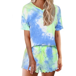 image:imageEkouaer Pajamas Set for Women Short Sleeve Lounge Set 2 Piece Loungewear PJs Soft Cute Lightweight SleepwearTie Dye Blue Green