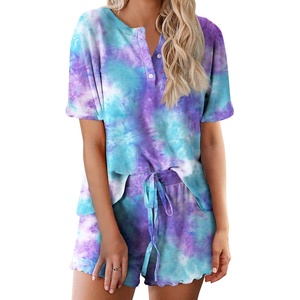 image:imageEkouaer Pajamas Set for Women Short Sleeve Lounge Set 2 Piece Loungewear PJs Soft Cute Lightweight SleepwearTie Dye Blue and Purple