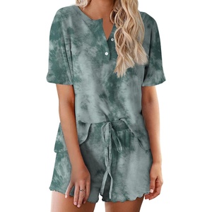 image:imageEkouaer Pajamas Set for Women Short Sleeve Lounge Set 2 Piece Loungewear PJs Soft Cute Lightweight SleepwearTie Dye Dark Green