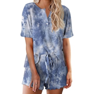 image:imageEkouaer Pajamas Set for Women Short Sleeve Lounge Set 2 Piece Loungewear PJs Soft Cute Lightweight SleepwearTie Dye Grey Blue