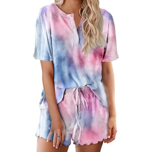 image:imageEkouaer Pajamas Set for Women Short Sleeve Lounge Set 2 Piece Loungewear PJs Soft Cute Lightweight SleepwearTie Dye Pink Blue