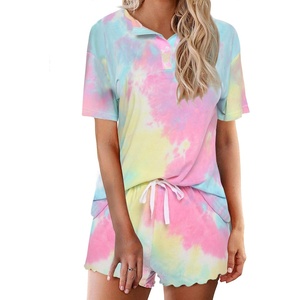 image:imageEkouaer Pajamas Set for Women Short Sleeve Lounge Set 2 Piece Loungewear PJs Soft Cute Lightweight SleepwearTie Dye Pink Yellow