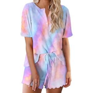 image:imageEkouaer Pajamas Set for Women Short Sleeve Lounge Set 2 Piece Loungewear PJs Soft Cute Lightweight SleepwearTie Dye Purple Blue