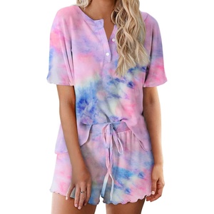 image:imageEkouaer Pajamas Set for Women Short Sleeve Lounge Set 2 Piece Loungewear PJs Soft Cute Lightweight SleepwearTie Dye Rose Red Blue