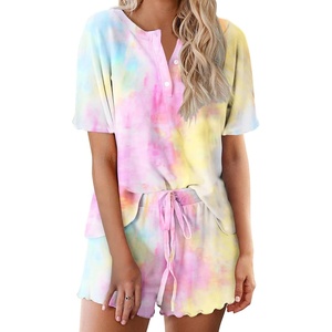 image:imageEkouaer Pajamas Set for Women Short Sleeve Lounge Set 2 Piece Loungewear PJs Soft Cute Lightweight SleepwearTie Dye Yellow Pink