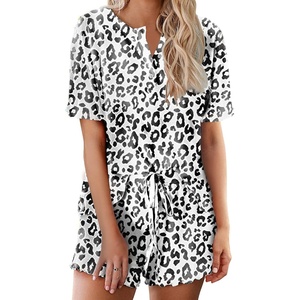 image:imageEkouaer Pajamas Set for Women Short Sleeve Lounge Set 2 Piece Loungewear PJs Soft Cute Lightweight SleepwearWhite Black Leopard