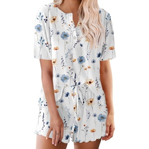 image:imageEkouaer Pajamas Set for Women Short Sleeve Lounge Set 2 Piece Loungewear PJs Soft Cute Lightweight SleepwearWhite Flower