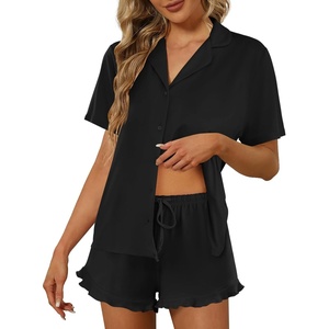 image:imageEkouaer Pajamas Set for Women Short Sleeve Sleepwear Button Down Pjs Lounge Sets Soft NightwearBlack