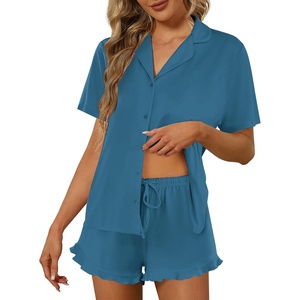 image:imageEkouaer Pajamas Set for Women Short Sleeve Sleepwear Button Down Pjs Lounge Sets Soft NightwearBlue Green