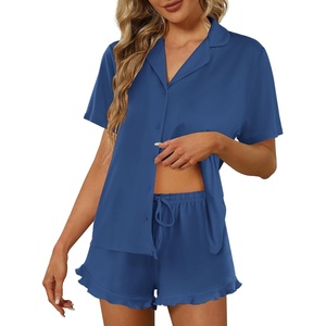image:imageEkouaer Pajamas Set for Women Short Sleeve Sleepwear Button Down Pjs Lounge Sets Soft NightwearClear Blue