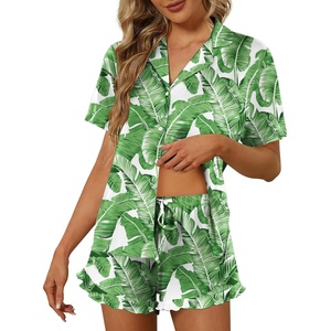 image:imageEkouaer Pajamas Set for Women Short Sleeve Sleepwear Button Down Pjs Lounge Sets Soft NightwearLeaves