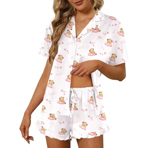 image:imageEkouaer Pajamas Set for Women Short Sleeve Sleepwear Button Down Pjs Lounge Sets Soft NightwearTeddy Bearwhite