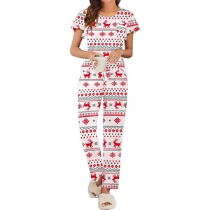 image:imageEkouaer Pajamas for Women Set 2 Piece Comfy Loungewear Lightweight Pjs Sleepwear Short Sleeve Top amp Long Pants with Pockets1 Packchristmas