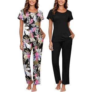 image:imageEkouaer Pajamas for Women Set 2 Piece Comfy Loungewear Lightweight Pjs Sleepwear Short Sleeve Top amp Long Pants with PocketsBlack Floralblack